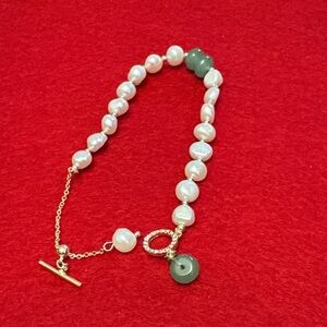 Freshwater Pearl And Jade Bead Bracelet With Rhinestones  Gold Plated
